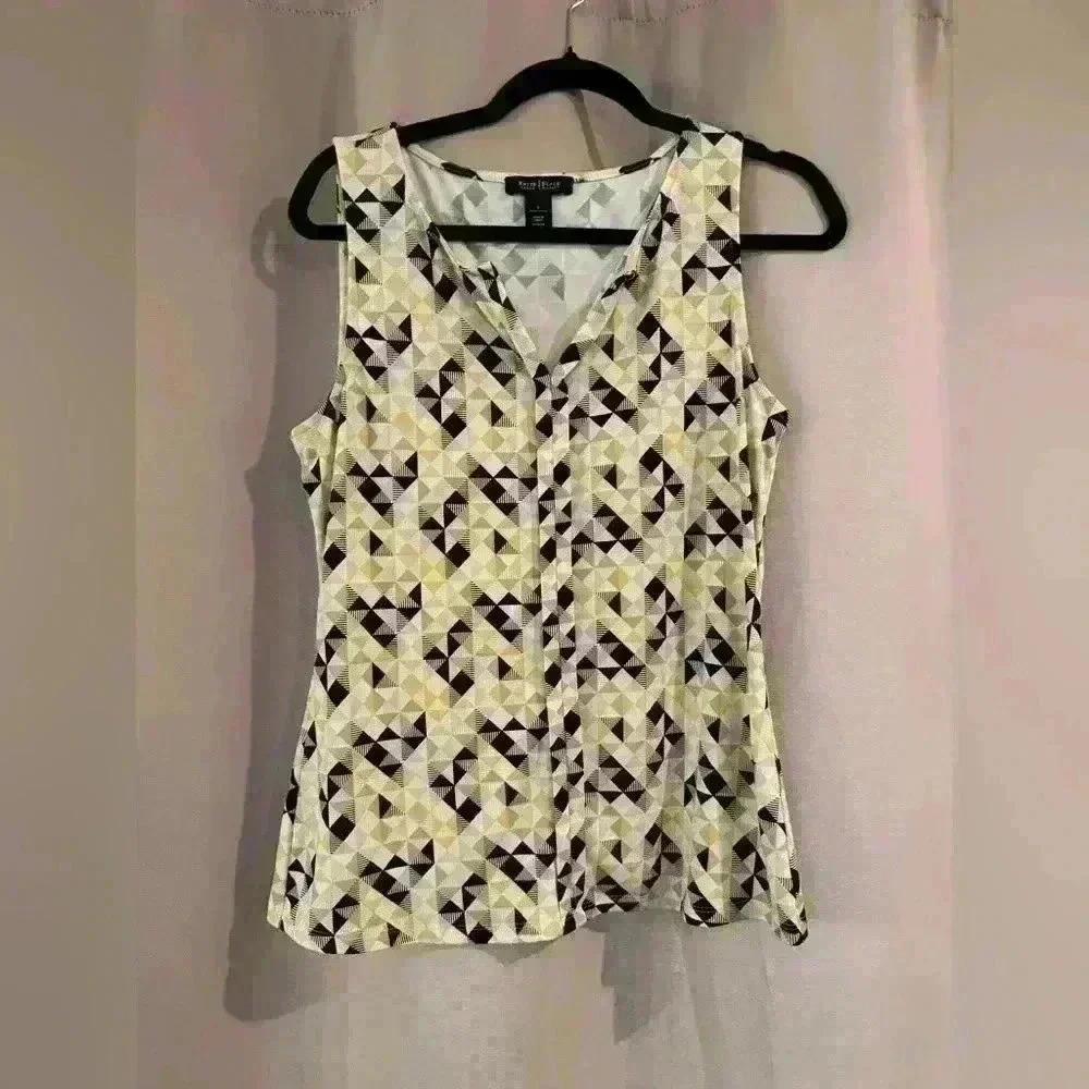 White House Black Market Geometric Cream and Black Sleeveless Blouse